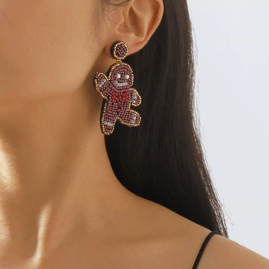 Christmas Gingerbread Man Beaded Dangle Earrings