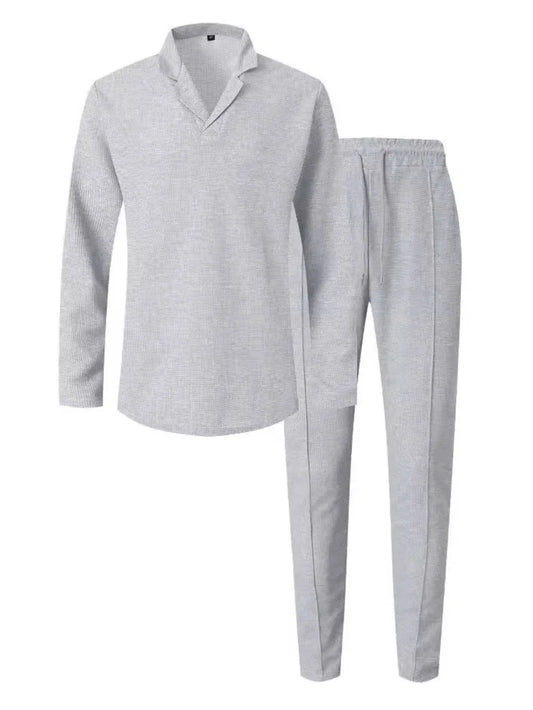 Men's Full Size Waffle-Knit Long Sleeve Top and Pants Set Plus Size