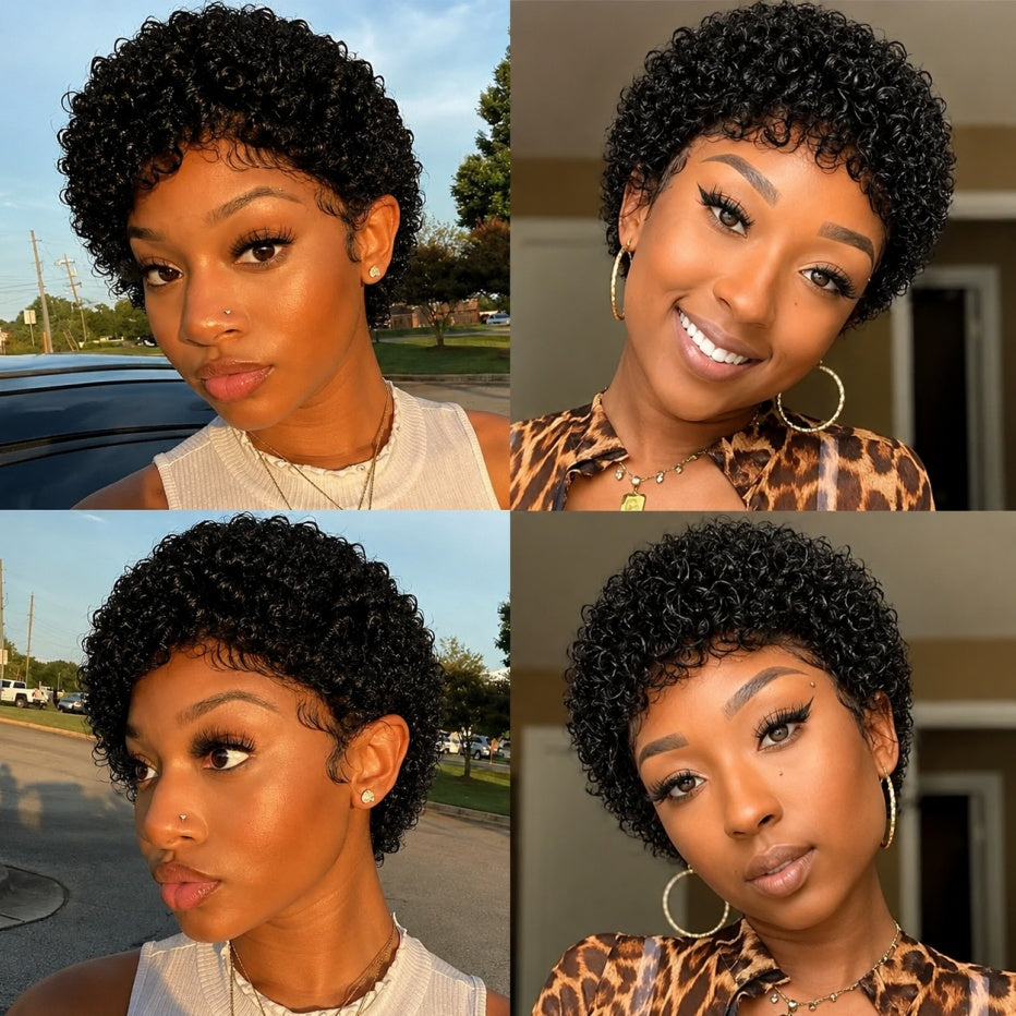 Pixie-style Human Hair Wig, Natural Color, Jerry Curly Texture, 4-inch Length.
