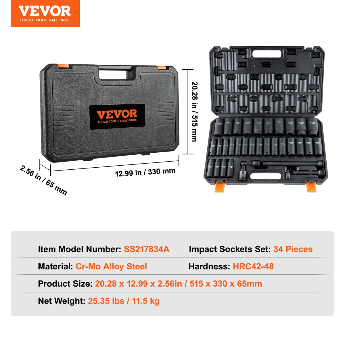 VEVOR  Drive Deep Impact Socket Set, 34pcs Socket Set Metric 8-36mm 6 Point Cr-MO Alloy Steel For Auto Repair, Rugged Construction, Includes Heavy Duty Storage Case