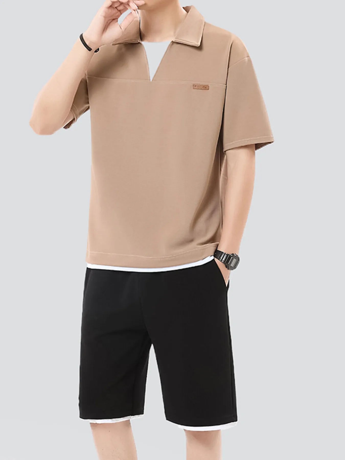 Men's Plus Size Johnny Collar Top and Shorts Set
