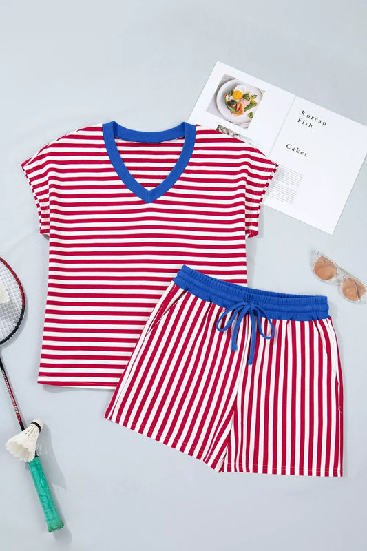 Stripe Colorblock Trim V Neck Tee Drawstring Elastic Waist Shorts Set
