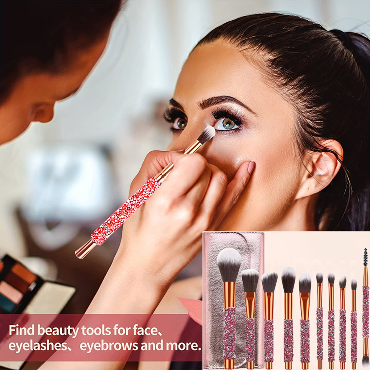 10Pcs Luxury Makeup Brush Set Diamond Rivet Handle Design Crystal Makeup Brush, For Face And Eye Makeup Brush Professional Foundation Concealer Eye Shadow Makeup Tool