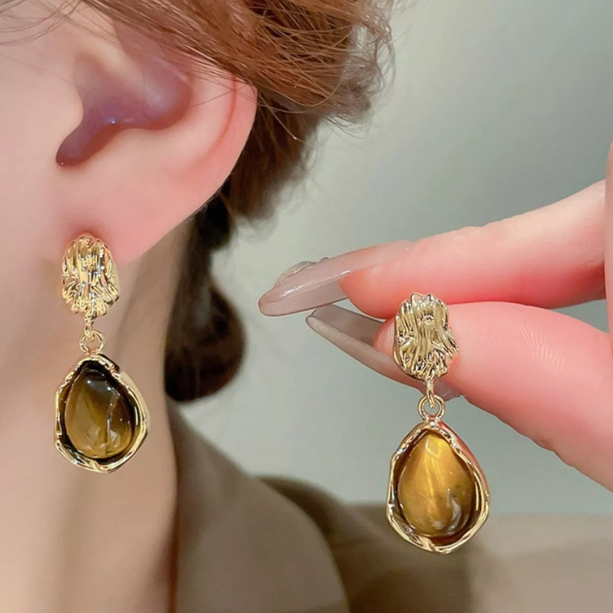 Tiger's Eye 18K Gold-Plated Copper Geometric Earrings