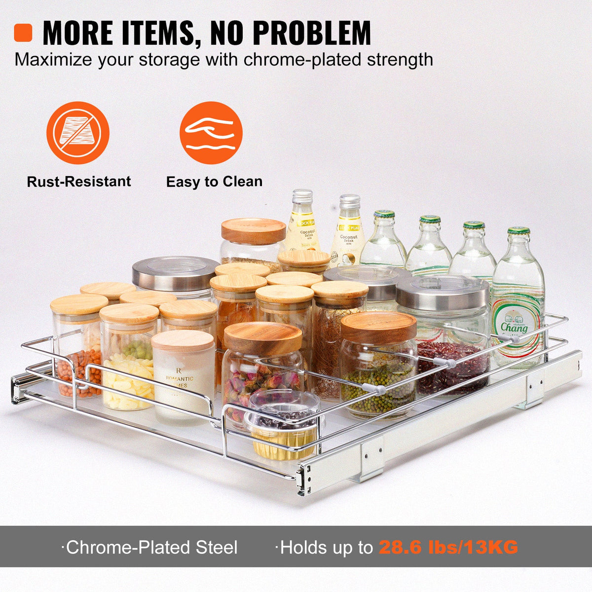 VEVOR 14W X 21D Pull Out Cabinet Organizer, Heavy Duty Slide Out Pantry Shelves, Chrome Plated Steel Roll Out Drawers, Sliding Drawer Storage For Home, Inside Kitchen Cabinet, Bathroom, Under Sink
