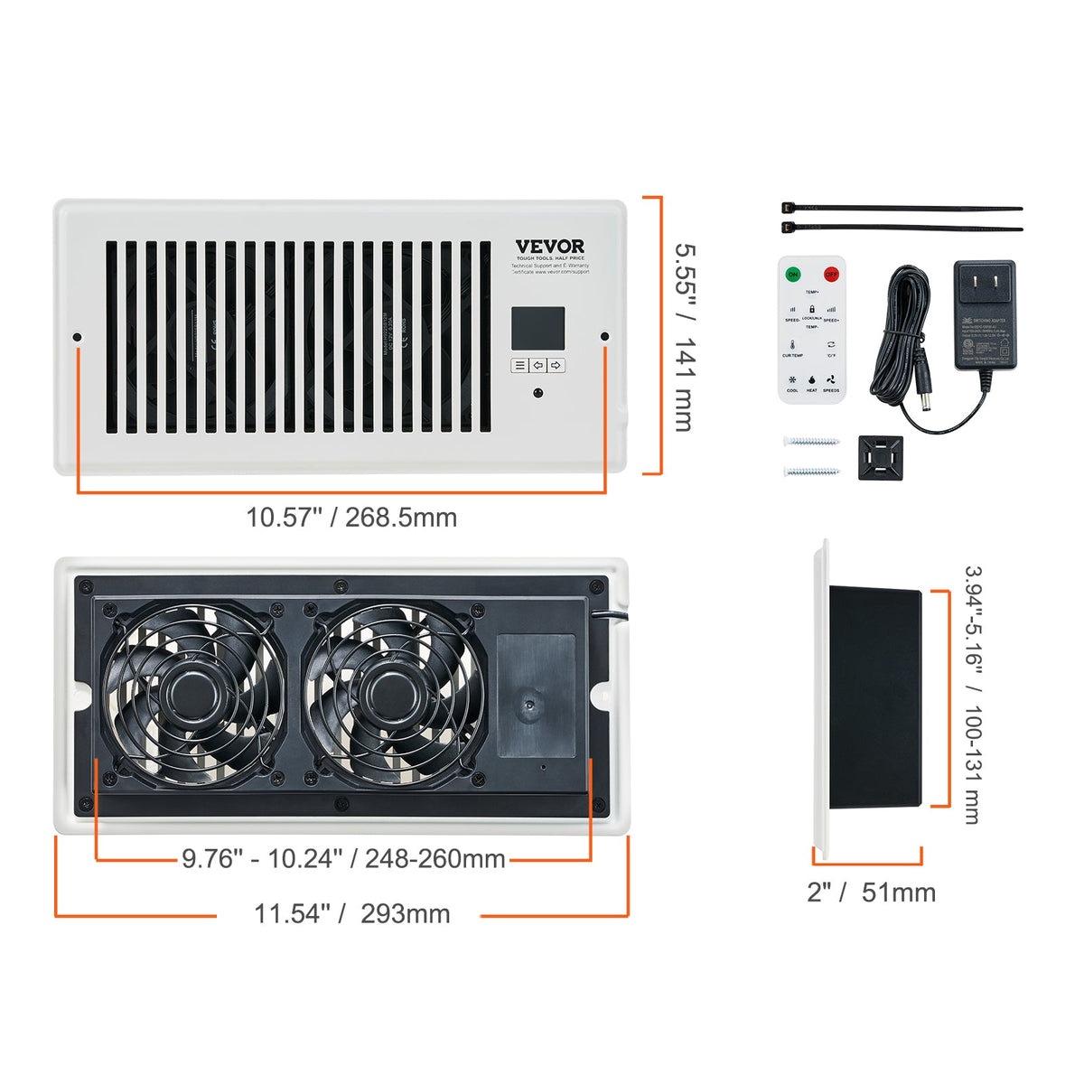 VEVOR Register Booster Fan, Quiet Vent Booster Fan Fits Register Holes, With Remote Control And Thermostat Control, Adjustable Speed For Heating Cooling Smart Vent, White