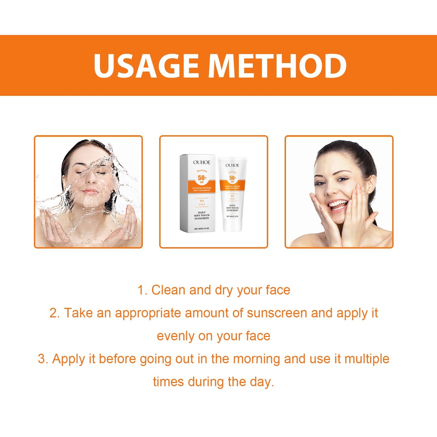OUHOE Daily Soft Touch Sunscreen, Gentle Facial Body Skin Non-Sticky Non-Fake White Protection Moisturizing Anti-Uv Cream