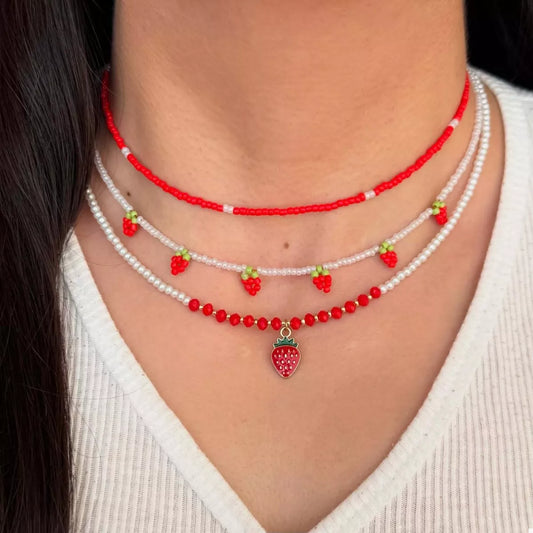 3 Piece Beaded Strawberry Necklace