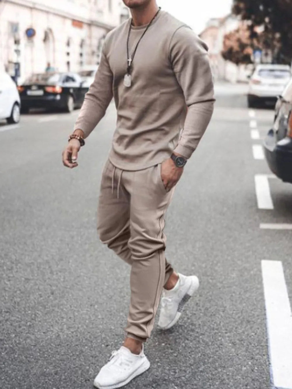 Men's Full Size Round Neck Long Sleeve Top and Pants Set Plus Size