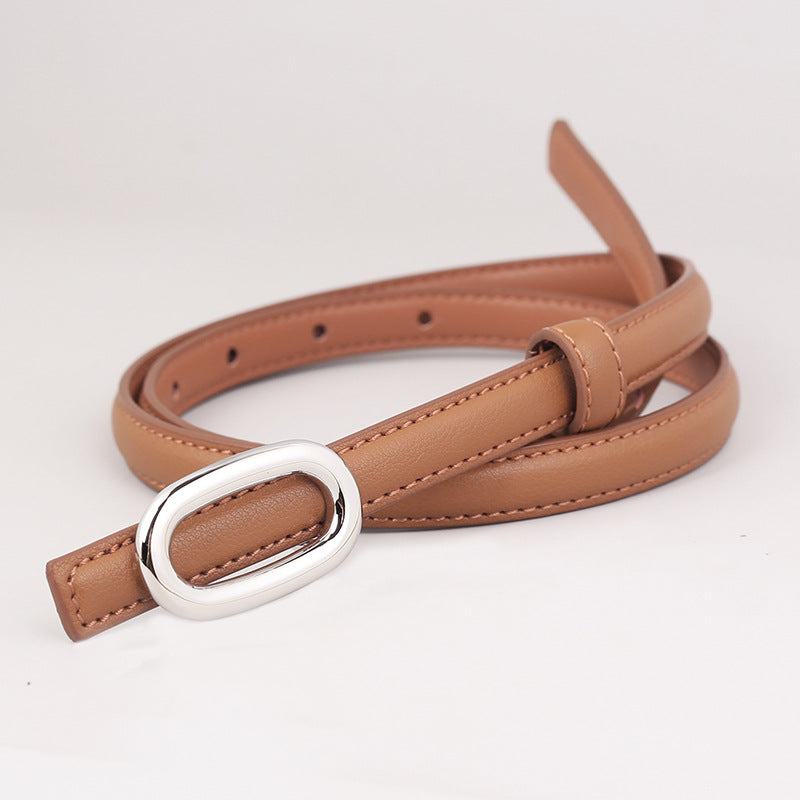 Skinny Leather Belt with Oval Buckle