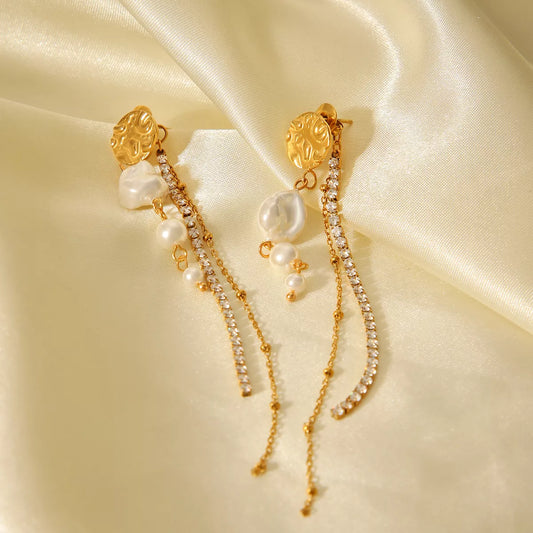 18K Gold-Plated Zircon Pearl Chain Earrings