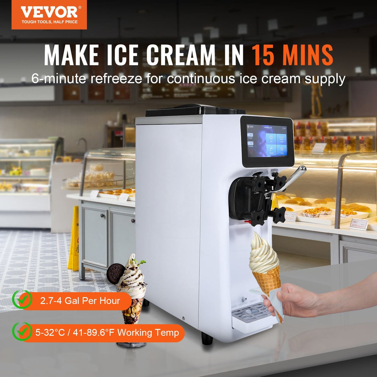 Commercial Ice Cream Machine, 10.6 QT/H Yield, 1000W Single Flavor Countertop Soft Serve Ice Cream Maker, 4L Hopper 1.6L Cylinder, Touch Screen Auto Clean Pre-cooling, For Restaurant Snack Bar