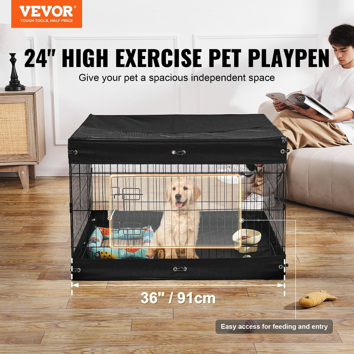 Dog Playpen 4 Panels Foldable Metal Dog Exercise Pen With Bottom Pad Cover