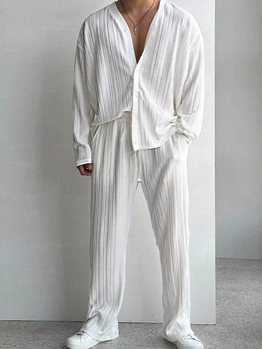 Men's Full Size Textured Button Up Shirt and Pants Set Plus Size