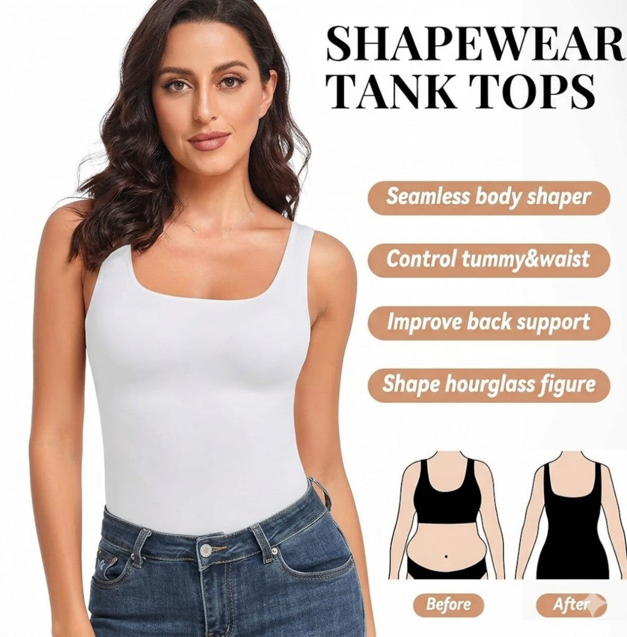 Women's Tummy Control Shapewear Tank Tops Seamless Square Neck Compression Tops Slimming Body Shaper Camisole