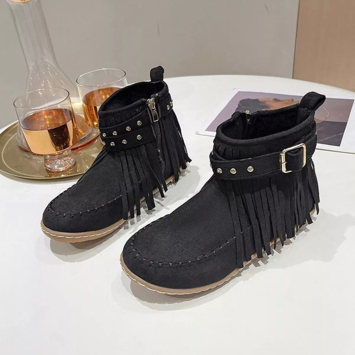 Fringe Round Toe Boots