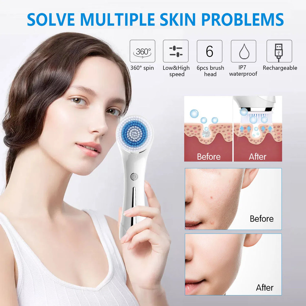Facial Cleansing Brush, Brush For Exfoliating, IPX7 Waterproof 3 In 1 For Massaging, Deep Cleansing Rechargeable With 4 Brush Head Replacements, White