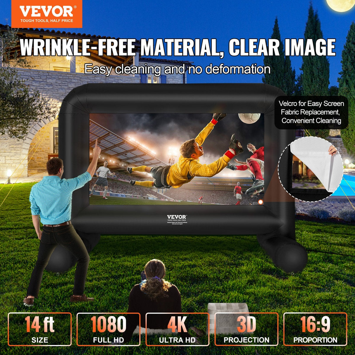 VEVOR Inflatable Movie Screen, 14 FT  168inch Inflatable Projector Screen For Outside With Blower And Carrying Bag, Front Rear Projection, Oxford Fabric Blow Up Screen For Outdoor Parties Backyard Mov