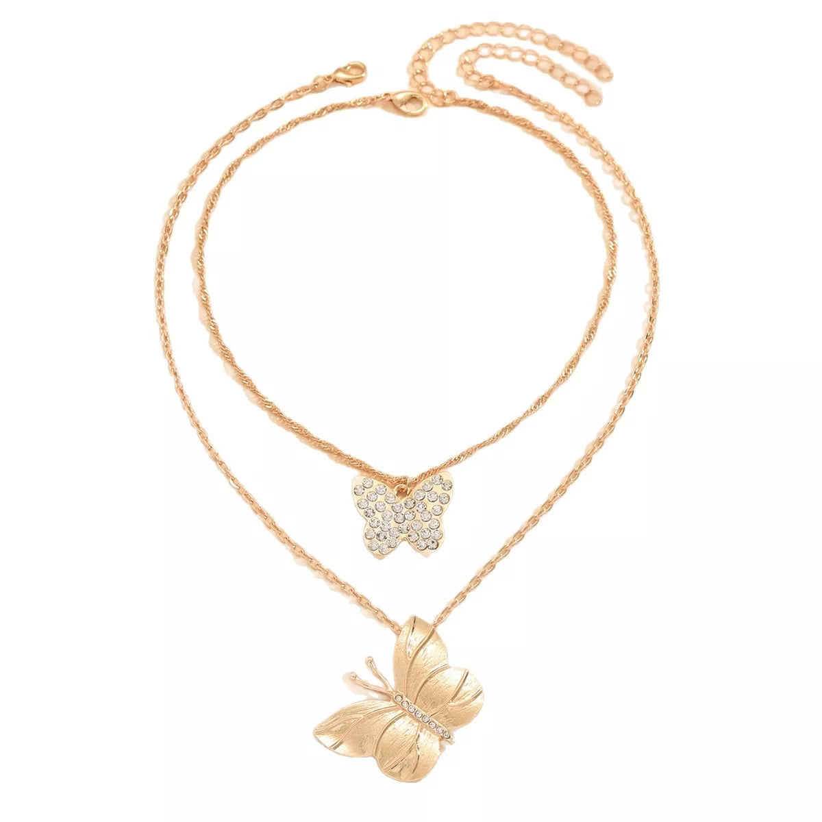 2 Piece 18K Gold-Plated Rhinestone Butterfly Necklace