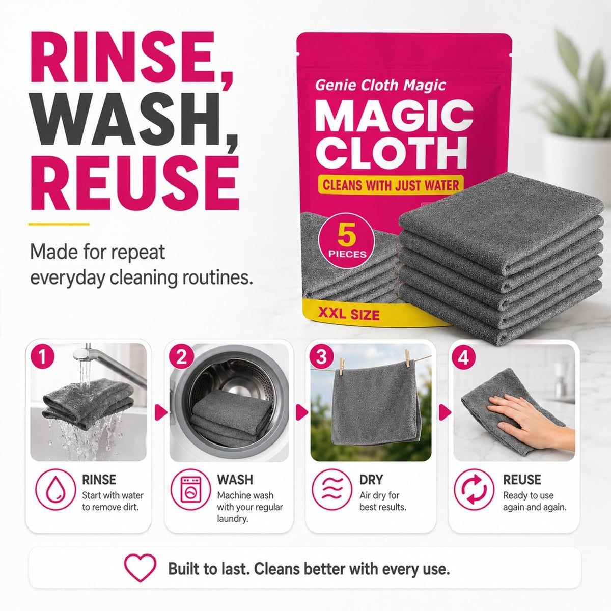 Genie Magic Cloth Reusable Cleaning Cloth Streak-free Glass Wipe Household