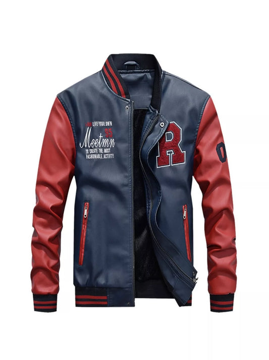 Men's Plus Size Color Block Zip Up Leather Jacket