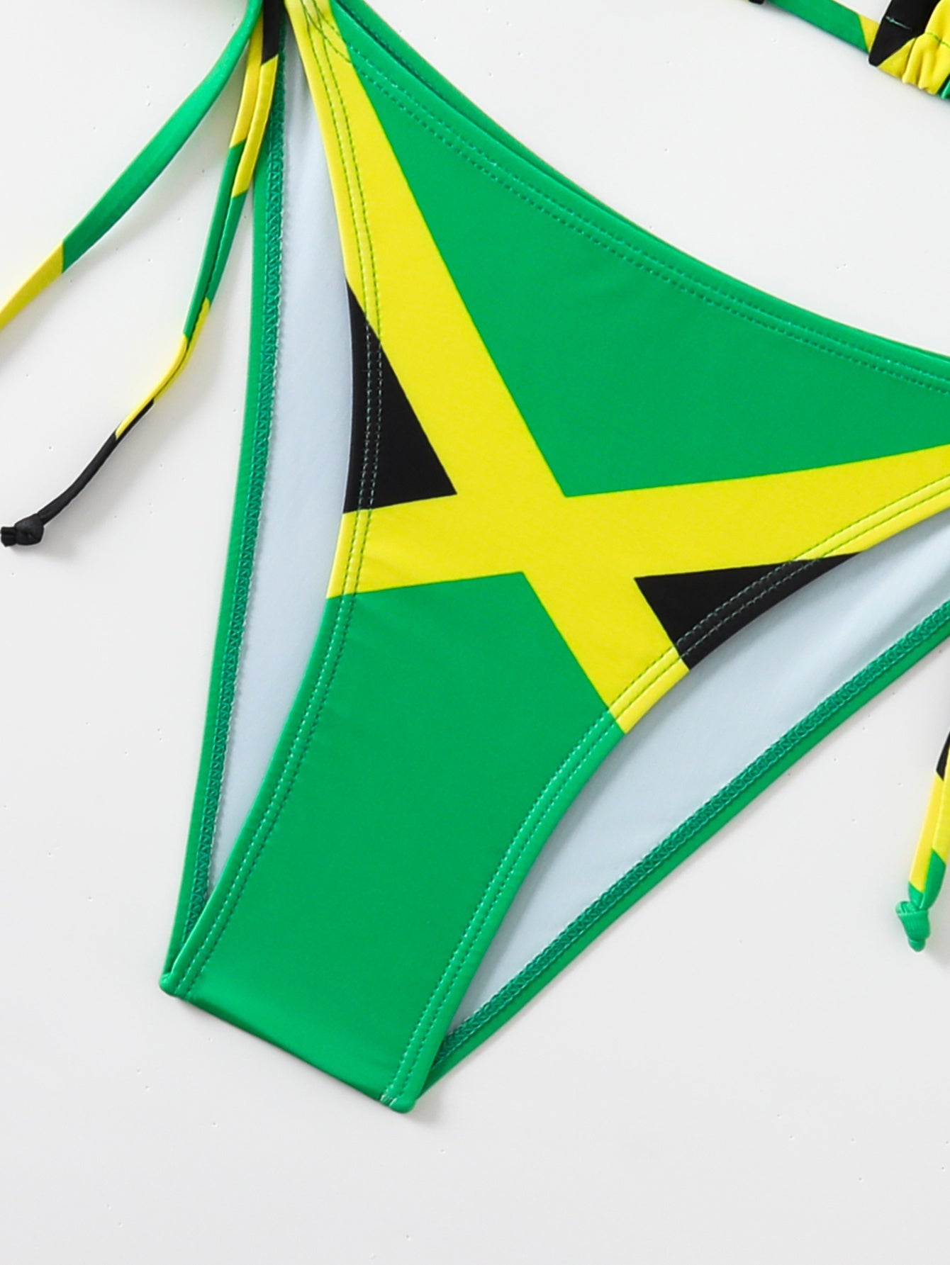 Women's Jamaica Flag Print Triangle Bikini Set, Halter Tie Top & Side Tie High Cut Bottom, 2 Piece Caribbean Swimsui