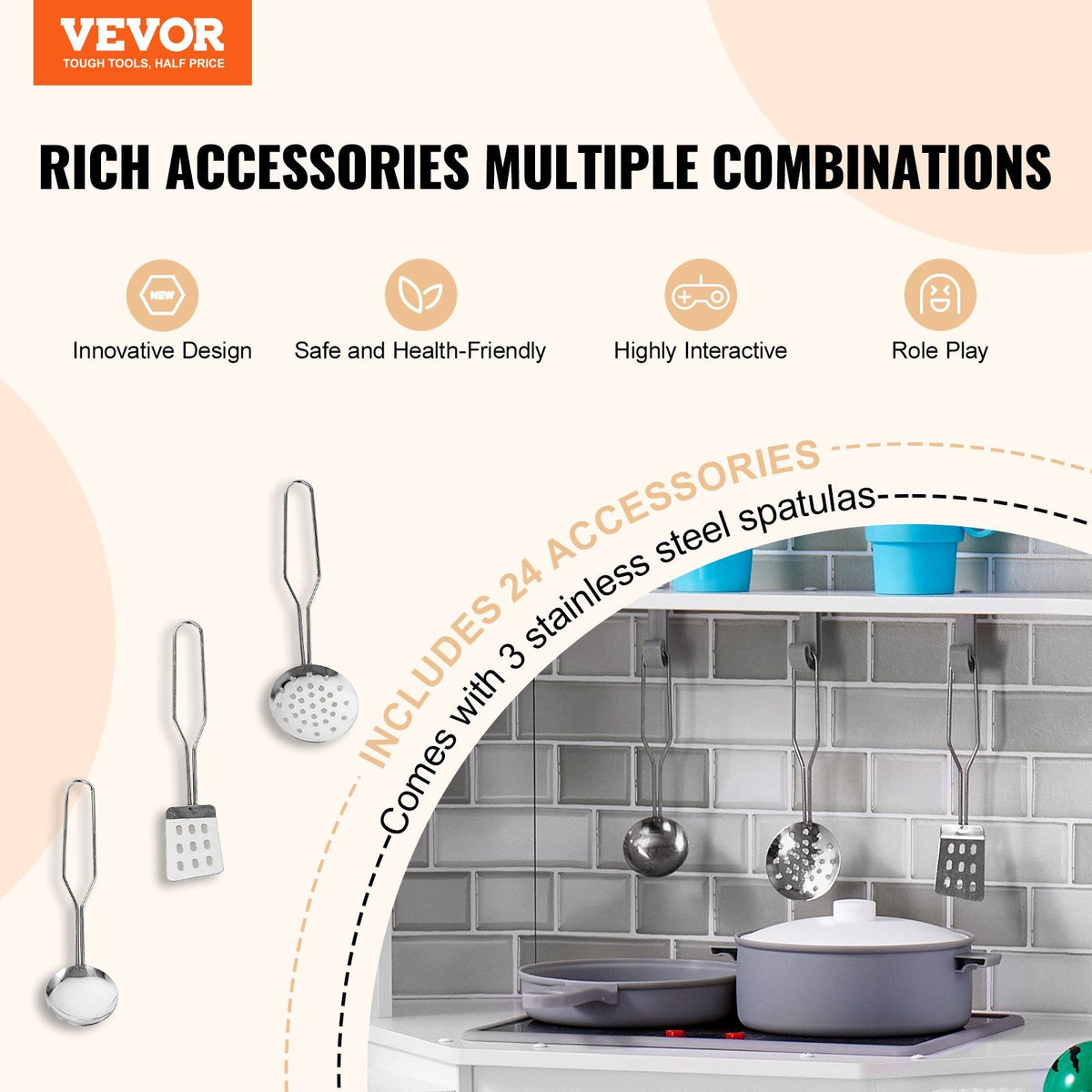 Christmas Gift  VEVOR Kitchen Playset Kids Pretend Cooking Play Toy 24 Piece Accessories White