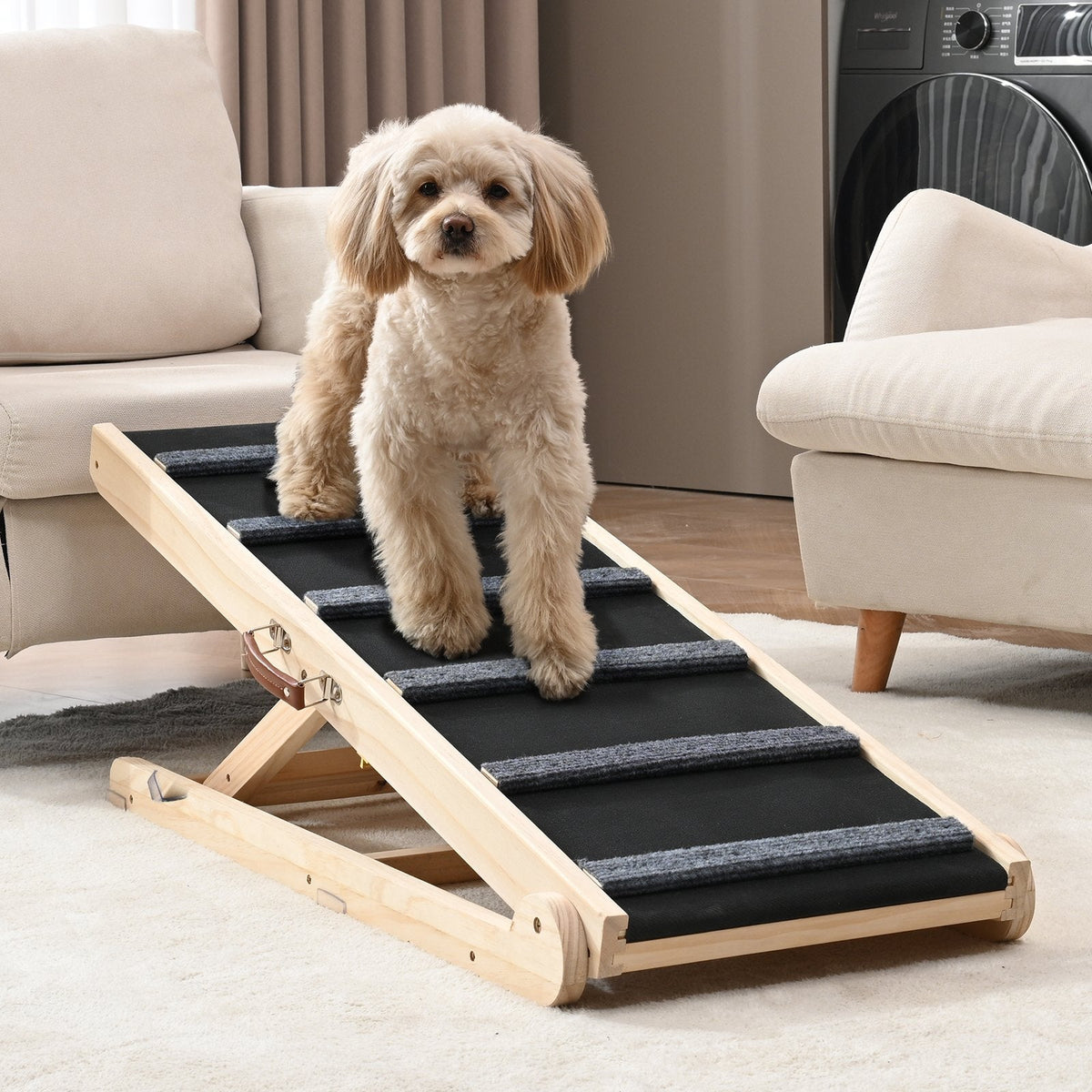 Dog Ramp, Folding Pet Ramp For Bed, Adjustable Dog Ramp For Small, Large, Old Dogs & Cats, Wooden Pet Ramp With 41.3' Long Ramp, Adjustable From 13.77' To 25.59', Suitable For Couch, Sofa, Car