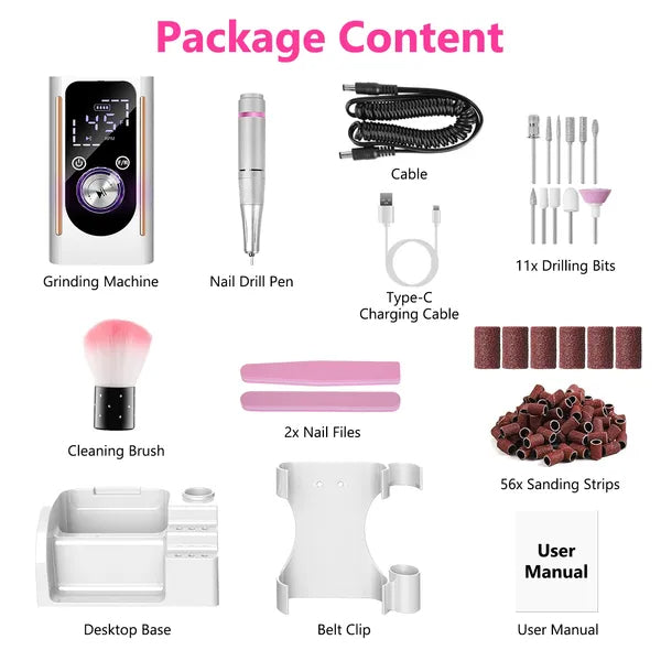 Portable Electric Nail Drill Bit 45000 RPM With 11 Bits Base Waist Clip Cordless Rechargeable Nail File Machine For Professional Salon Home Acrylic Nails Remove Nail Gel Polish Manicure