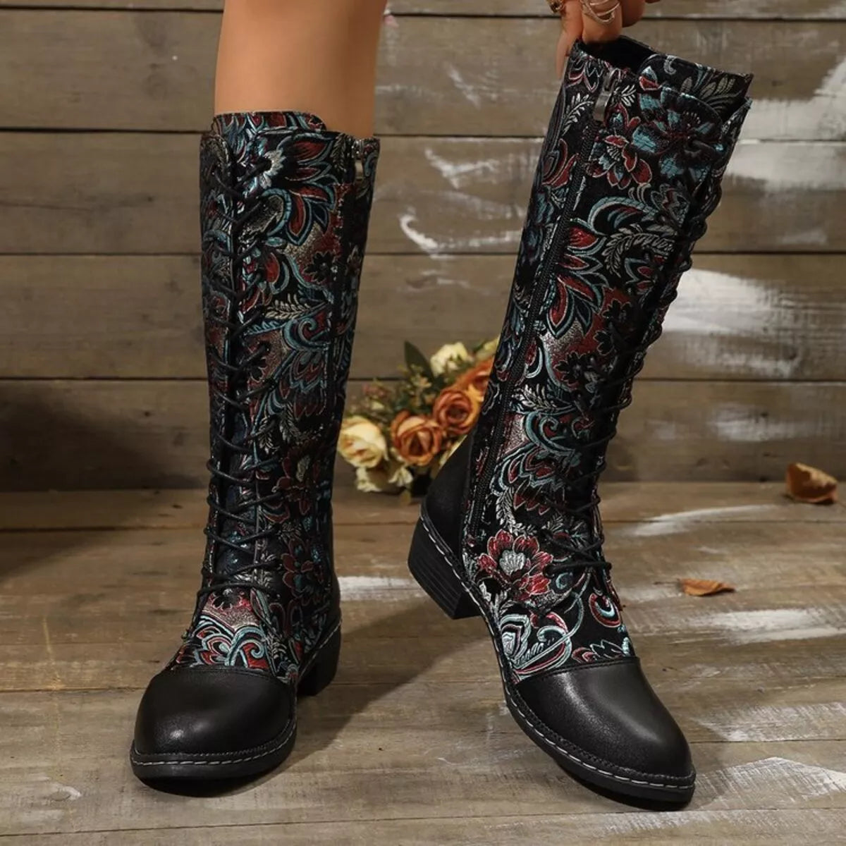 Lace Up Block Heels Boots