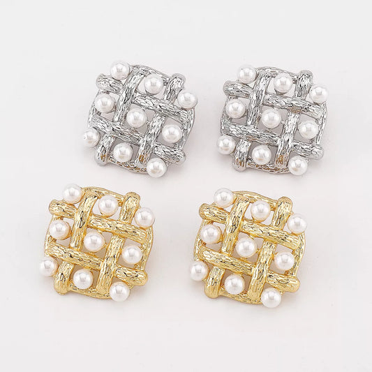 Pearl Grid Square Stud Earrings