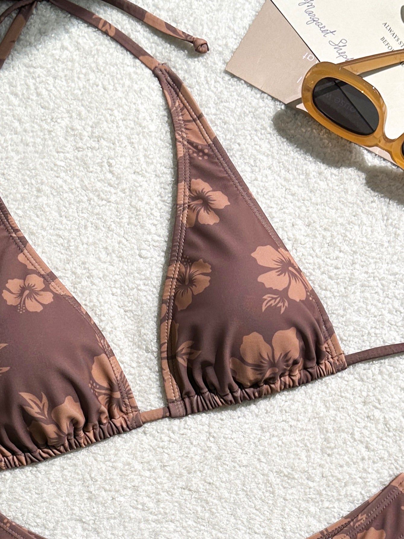 Women's Brown Hibiscus Floral Triangle Bikini Set, Tie-Side Halter Top & Cheeky Bottom, 2 Piece Tropical Swimsuit