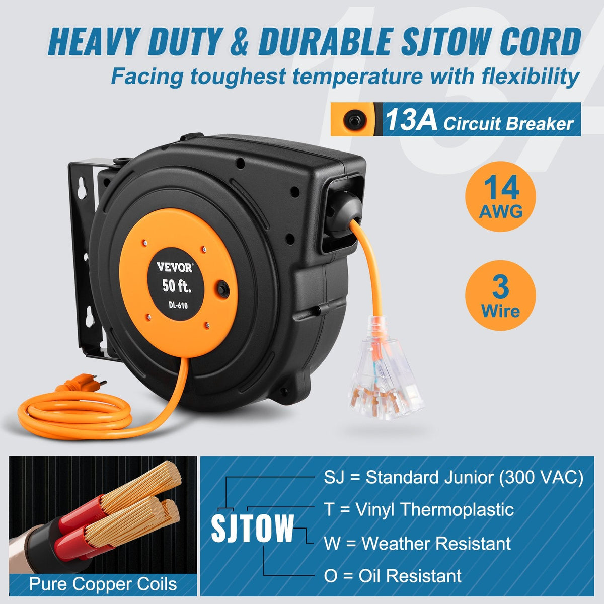 VEVOR 50ft Retractable Extension Cord Reel 14AWG 3CSJTOW Power Cord Reel