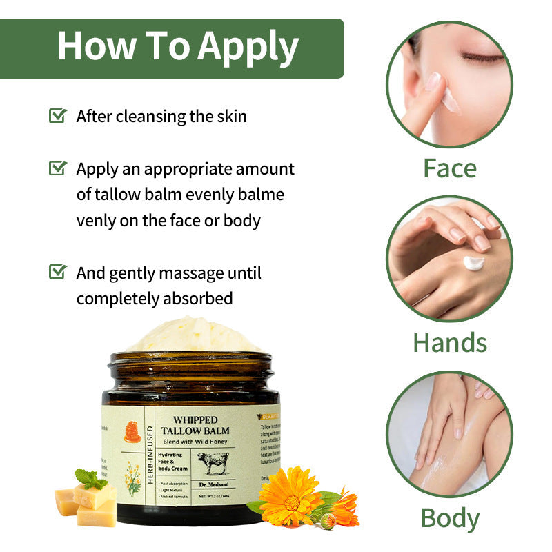 Herb Infused Whipped Grass Fed Beef Tallow Honey Balm, Natural Grass-Fed Tallow Face & Body Moisturizer, Dry Skin Barrier Repair Nourishing Body Butter Cream