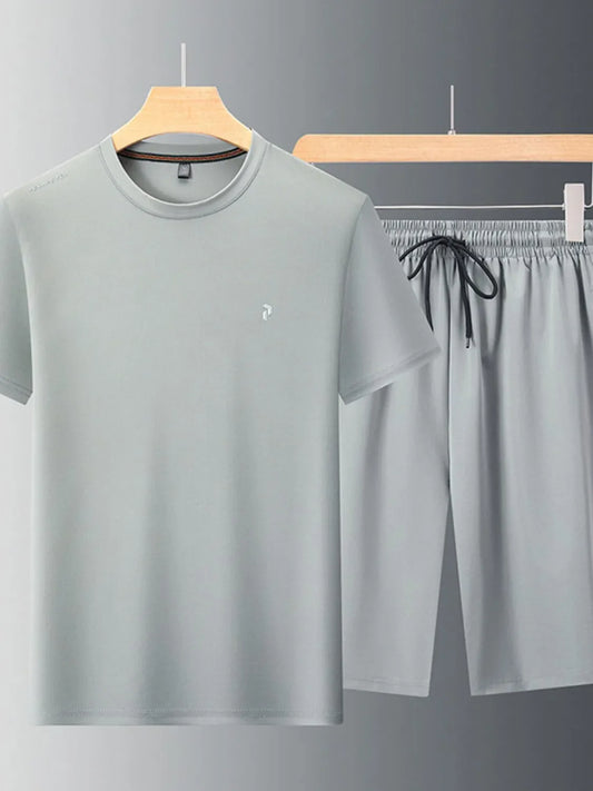 Men's Plus Size Round Neck Short Sleeve Top and Shorts Set