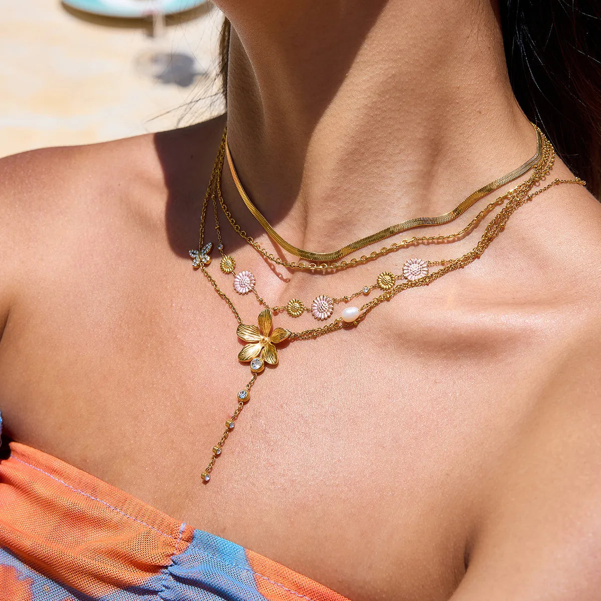 3-Piece 18K Gold-Plated Stainless Steel Flower Necklace