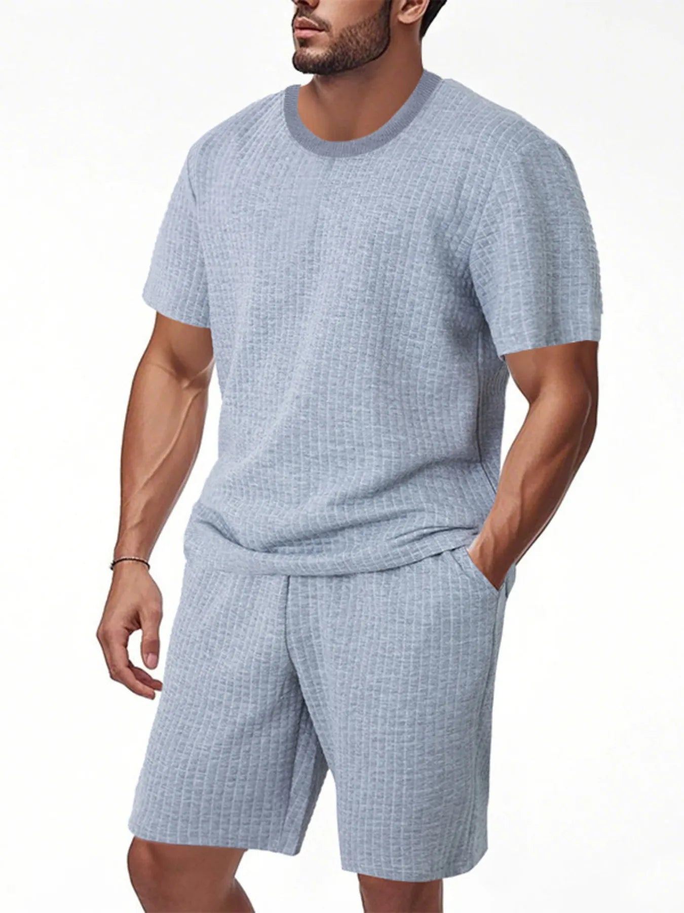 Men's Full Size Textured Round Neck Top and Shorts Set Plus SIze