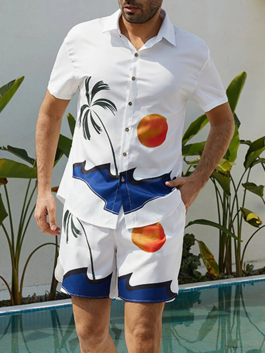 Men's Full Size Button Up Shirt and Shorts Set Plus Size