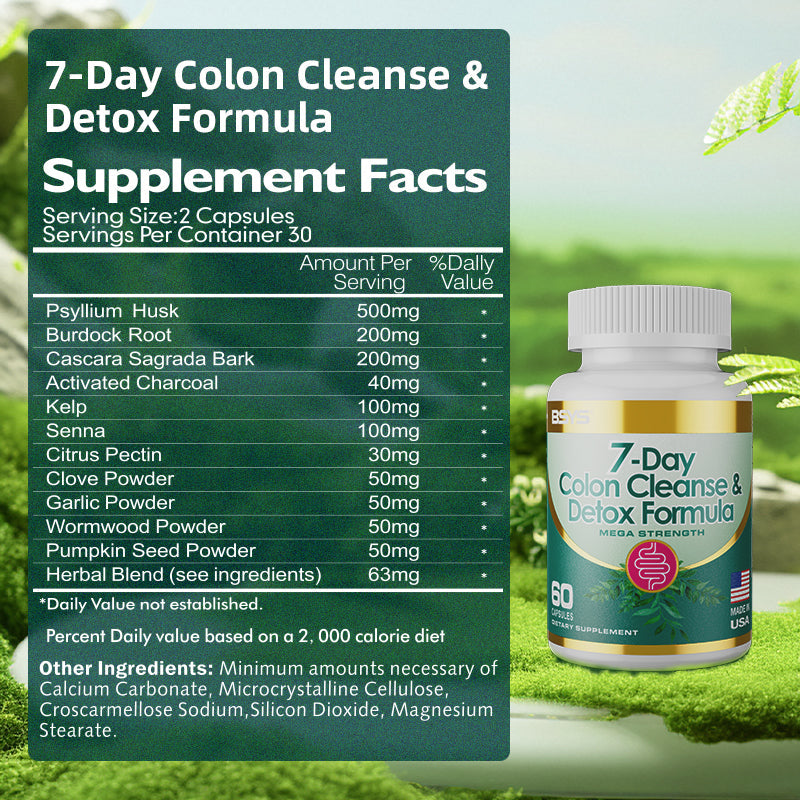 7 Day Colon Cleanse Detox Formula Capsules Digestive Support Supplement | 30 Capsules