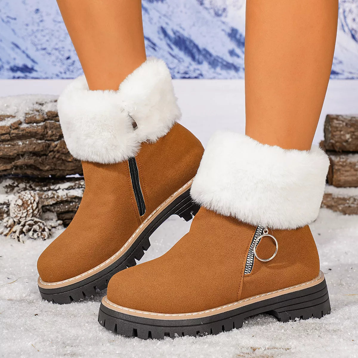 Fuzzy Ankle Boots with Zipper Detail
