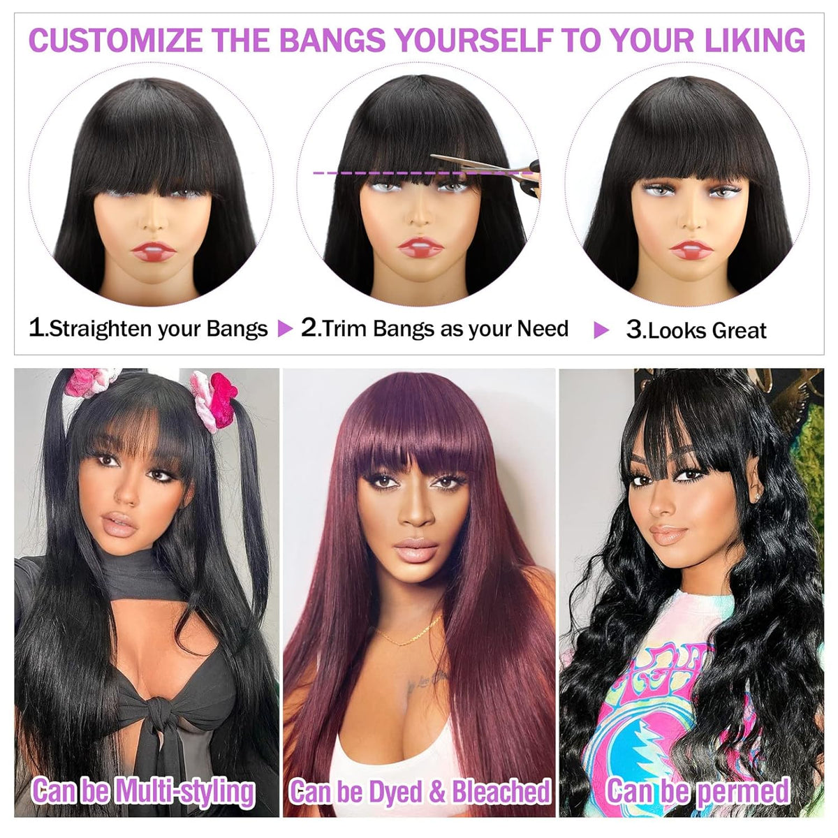 Machine-made Straight Human Hair Wig With Bangs, Natural Color, Density.