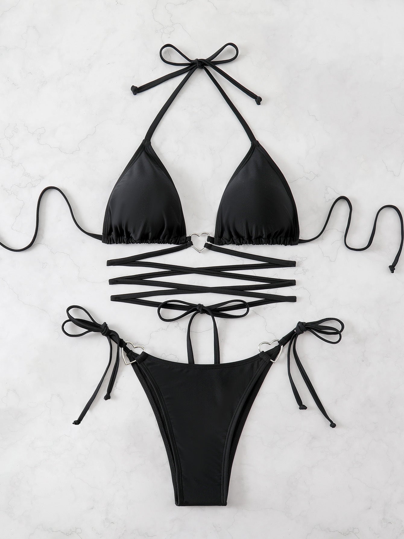 Women's Sexy Black Triangle Bikini Set With Lace-Up Top & Tie Side Bottom