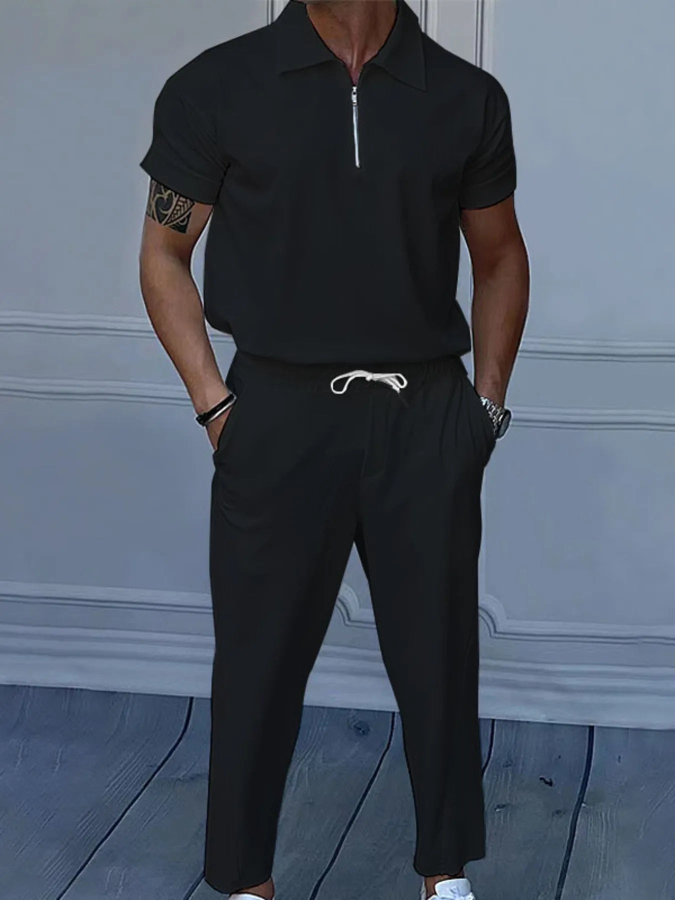 Men's Full Size Quarter Zip Short Sleeve Polo and Pants Set Plus Size