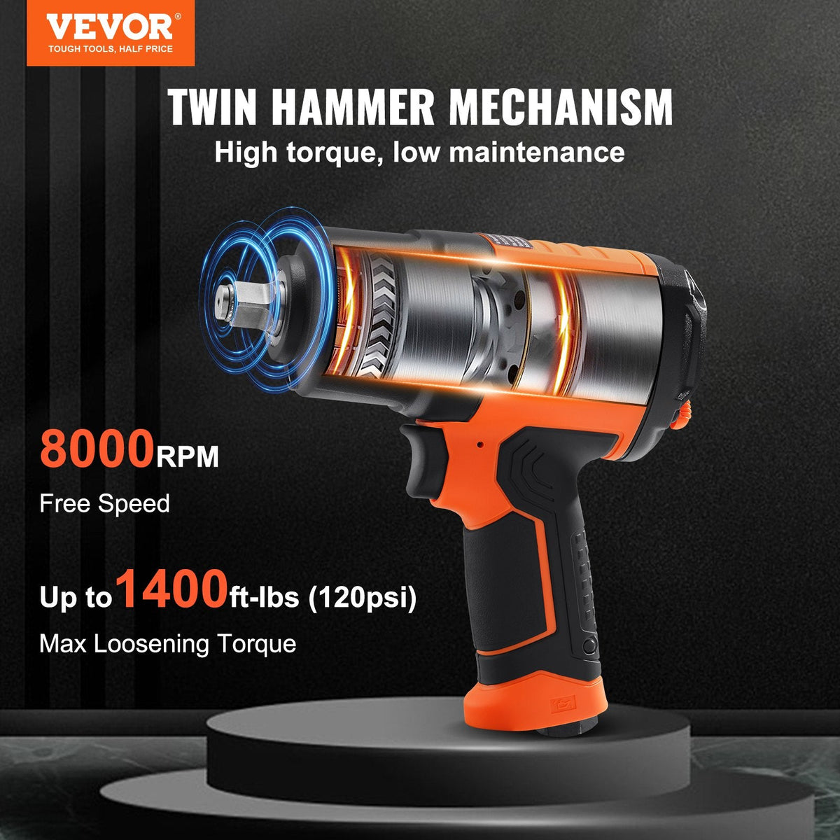 VEVOR Air Impact Wrench  Square Drive 1400ft-lb Nut-busting Torque 90-120PSI