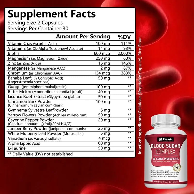 Blood Sugar Complex With Cinnamon, Chromium And Mulberry - 20 Active Ingredients, 60 Capsules - Supports Healthy Blood Sugar Levels