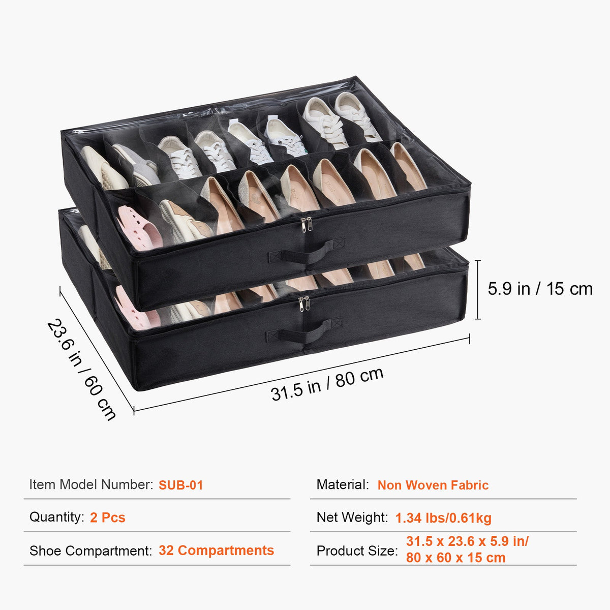Vevor Sturdy Under Bed Shoe Storage Organizer, Set Of 2, 32 Compartments, Underbed Shoes Closet Storage Solution With Clear Window, Breathable,