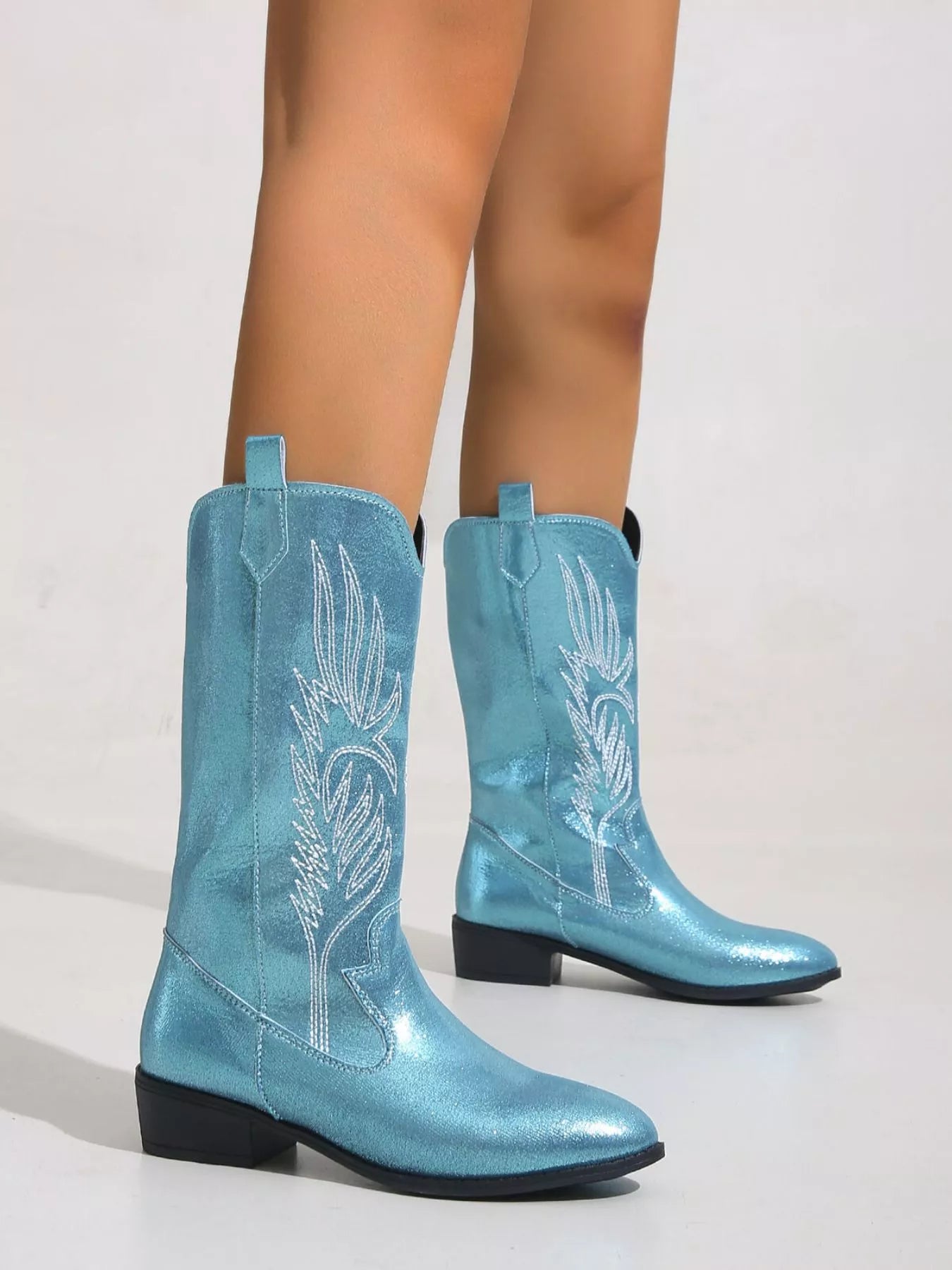 Embroidered Block Heels Boots