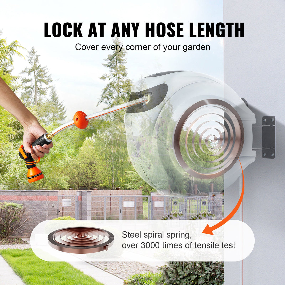 VEVOR Retractable Hose Reel Water Hose Reel 130inch Swivel Wall-Mounted