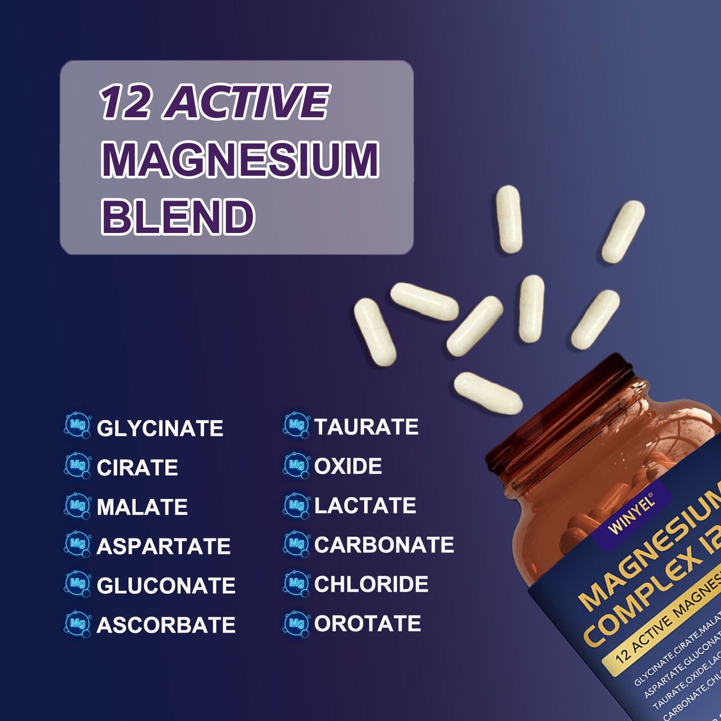 WINYEL Magnesium Complex 700mg 12 In 1 Magnesium Supplement With Glycinate, Citrate, Malate  Sleep, Calm, Muscle Relaxation, Heart Health Support  Vegan 120 Capsules