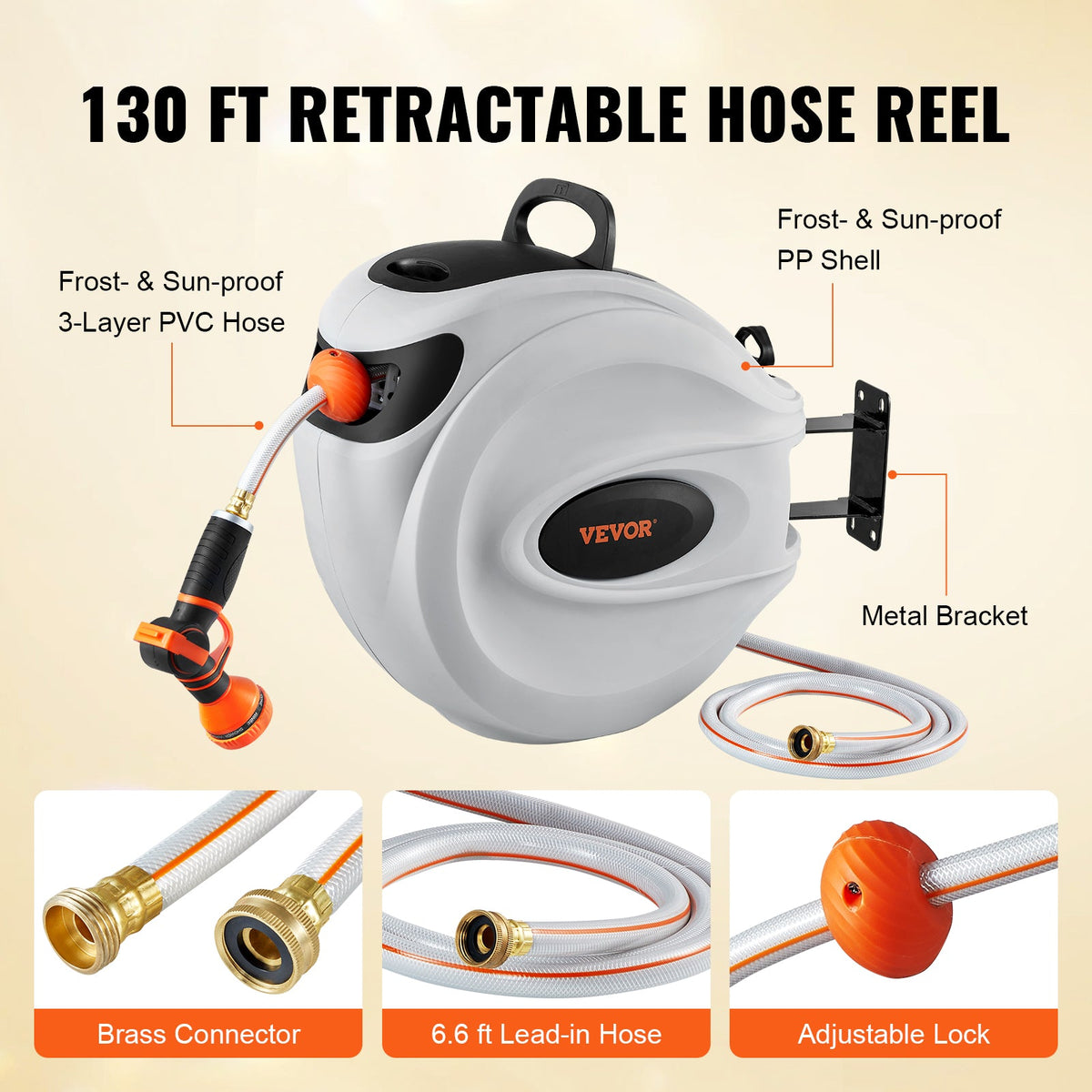 VEVOR Retractable Hose Reel Water Hose Reel 130inch Swivel Wall-Mounted